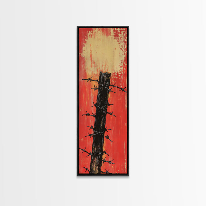 Barbed Wire Fence Post Wall Art, Rustic Western Print, Red Distressed Farmhouse Decor For Man Cave Or Modern Entryway Gift