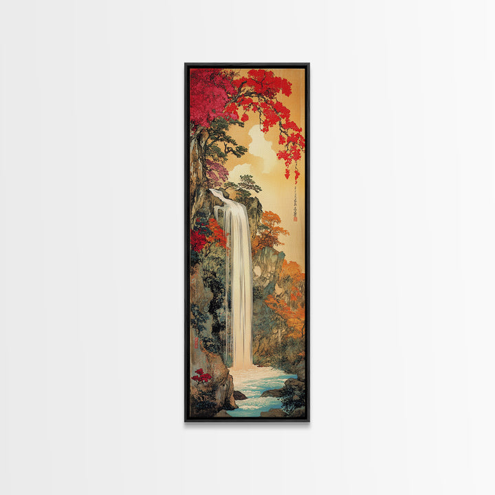 Autumn Waterfall With Red Maple Trees Framed Canvas Print, Japanese Landscape Wall Art, Nature Decor, Living Room Art Print