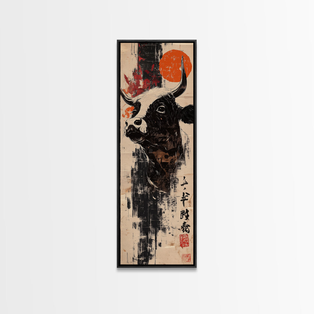 Black Bull Portrait With Red Sun Canvas Print, Japanese Western Wall Art, Rustic Farmhouse Decor, Masculine Office Art Print