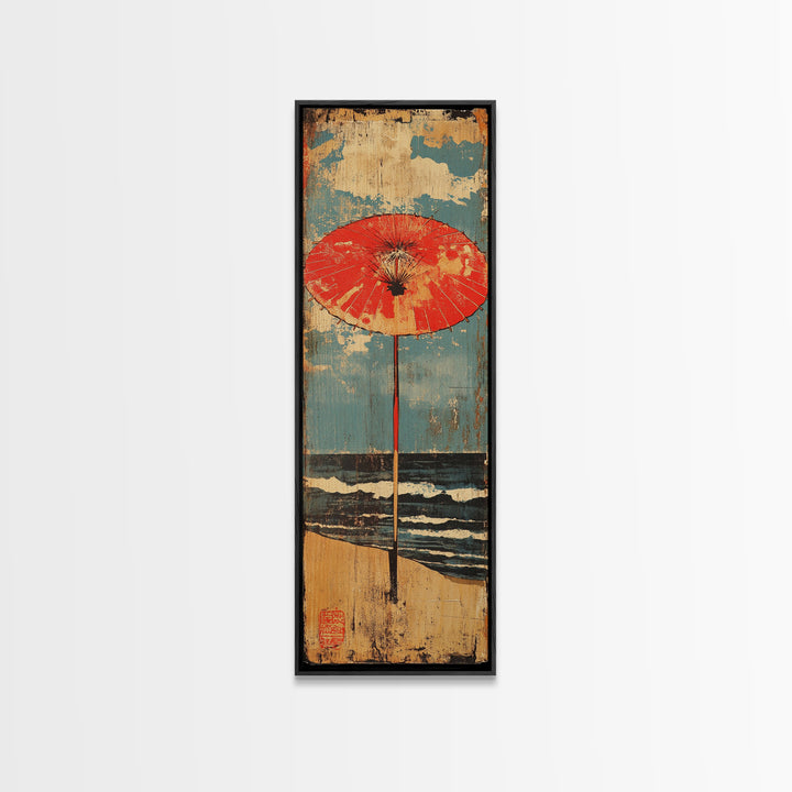 Red Beach Umbrella By Blue Ocean Framed Canvas Print, Coastal Wall Art, Beach House Decor, Summer Seascape Print, Living Room Decor