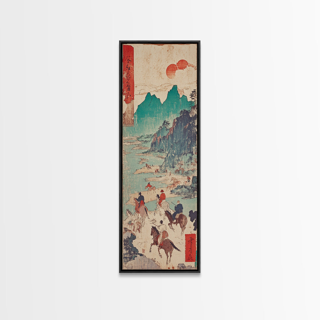 Horseback Riders In Turquoise Mountains Wall Art, Japanese Landscape Print, Western Travel Poster, Rustic Home Decor Gift