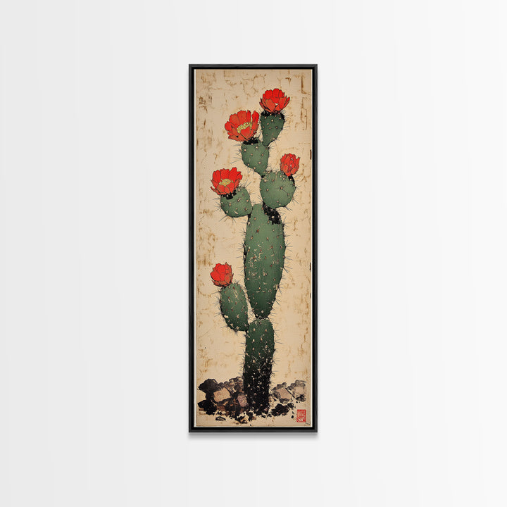 Prickly Pear Cactus With Red Flowers Canvas Print, Desert Wall Art, Southwestern Botanical Decor, Boho Home Decor, Living Room Decor
