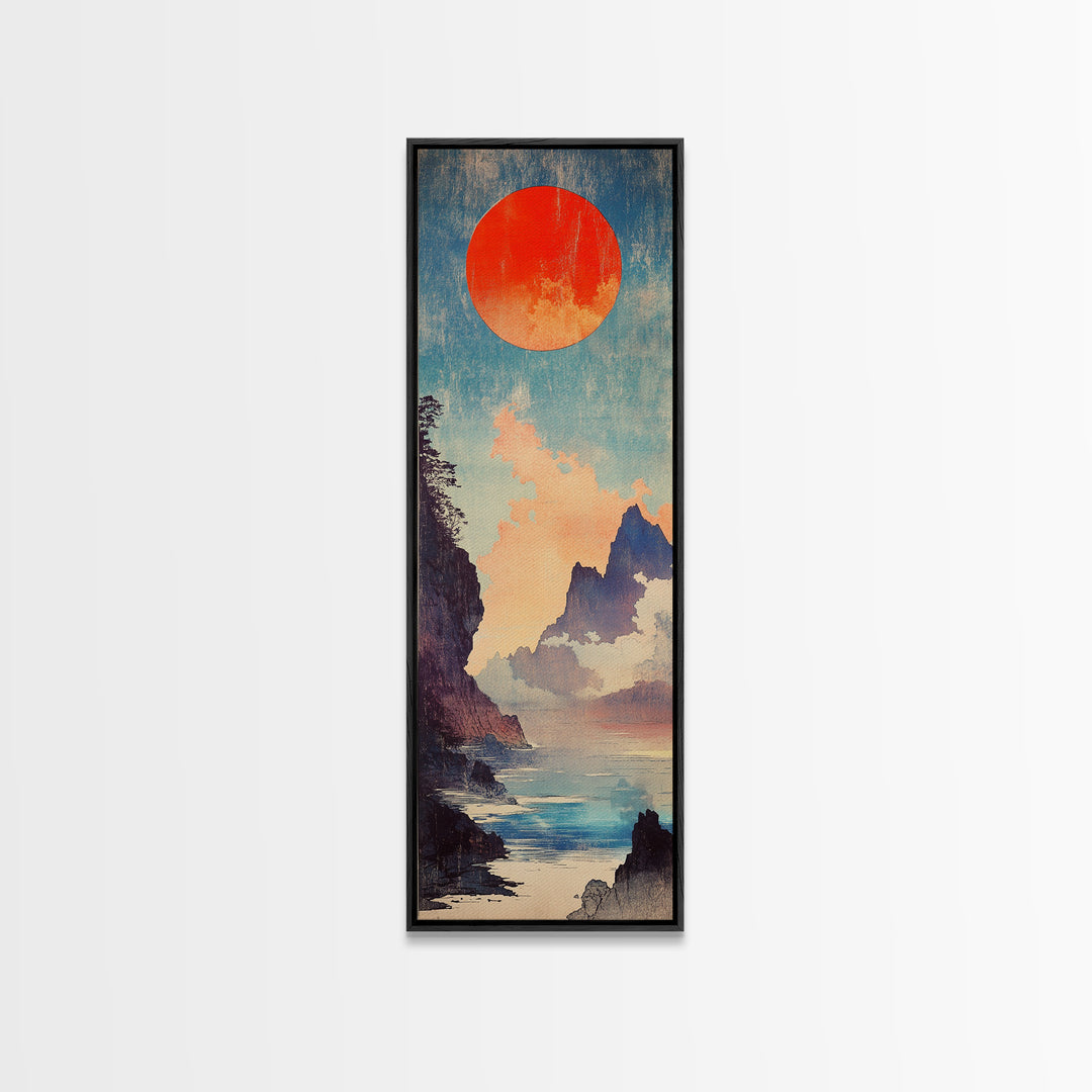 Red Sun Blue Mountain Seascape Wall Art, Japanese Landscape Print, Coastal Asian Decor, Tall Narrow Canvas For Living Room