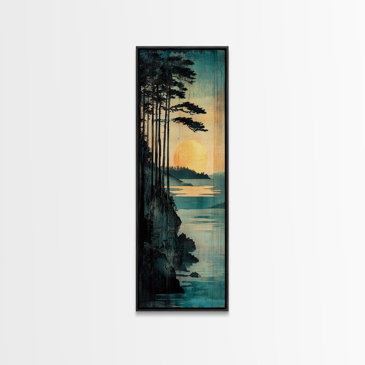 Golden Sun Forest Coast Wall Art, Japanese Landscape Print, Teal Nature Decor, Long Vertical Canvas For Bedroom Or Living Room