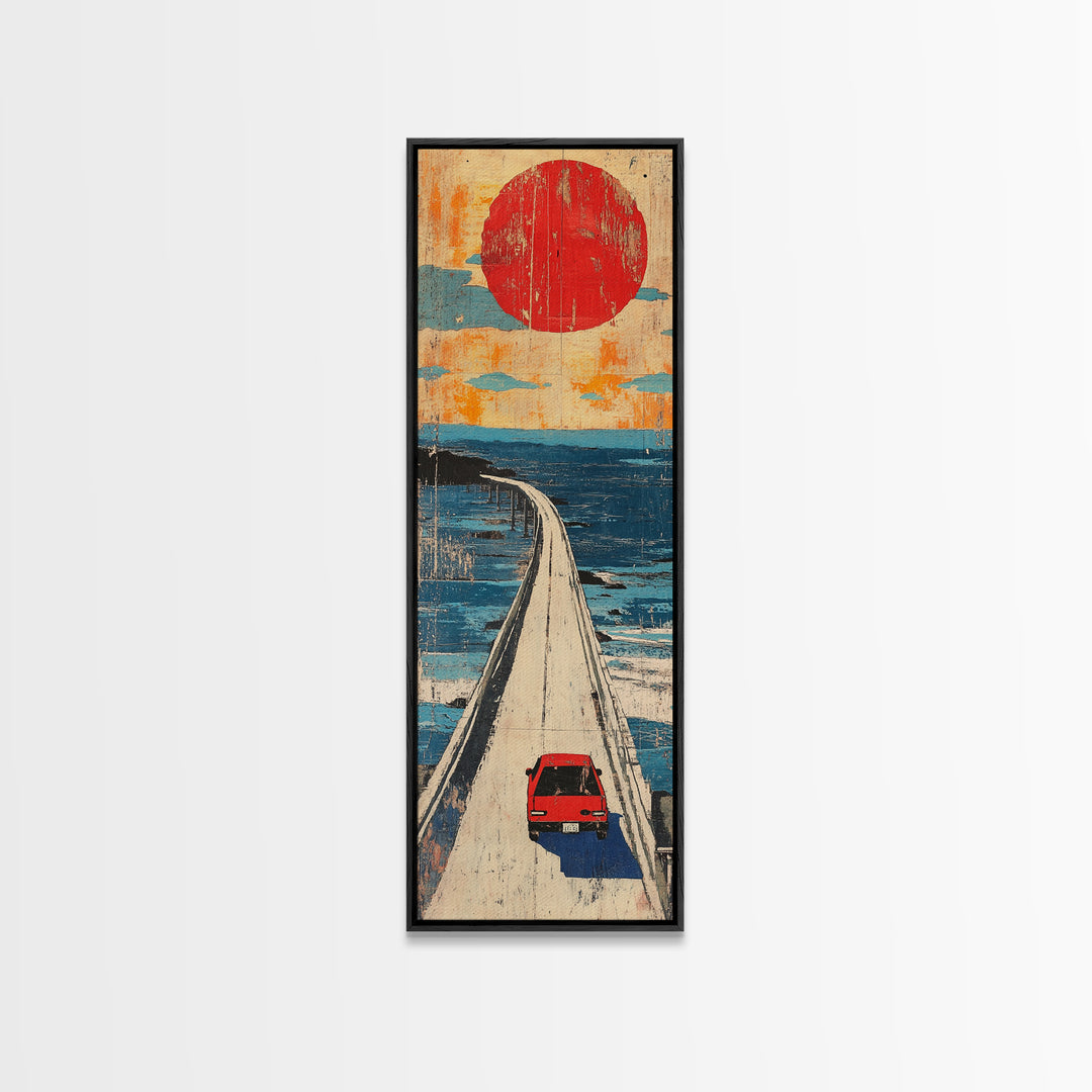 Red Car Ocean Bridge Wall Art, Retro Travel Poster Style, Japanese Coastal Decor, Long Vertical Canvas Print For Entryway