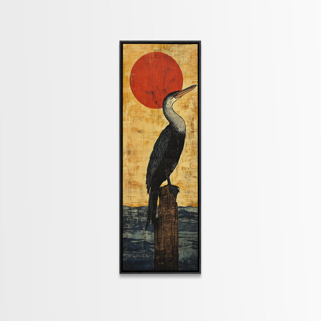 Black Cormorant Bird With Red Sun Wall Art, Japanese Coastal Framed Canvas Print For Nautical Decor And Nature Lovers Gift