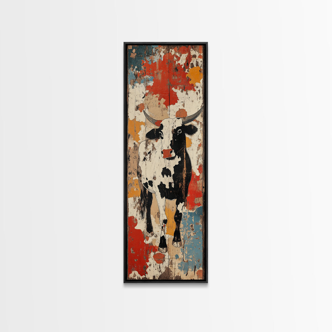 Distressed Black And White Cow Painting Canvas Print, Rustic Farmhouse Wall Art, Western Kitchen Decor, Ranch House Gift