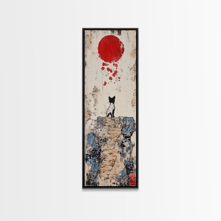 Tiny Black Cat On Cliff With Red Moon Canvas Print, Japanese Wall Art, Whimsical Animal Poster, Nursery Room Decor Unique Gift