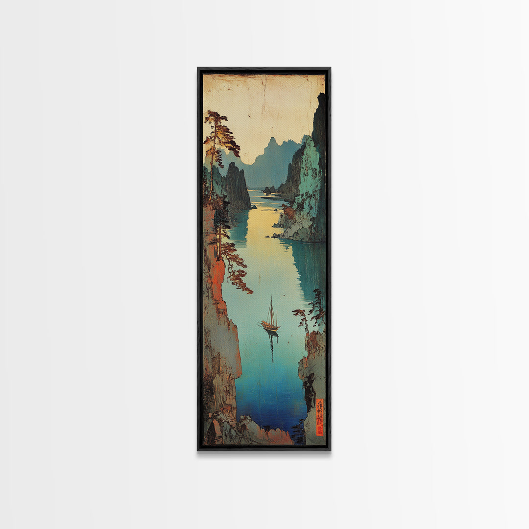 Misty Japanese River Gorge With Boats And Teal Cliffs Framed Canvas Print, Asian Landscape Art, Japandi Wall Decor, Zen Decor