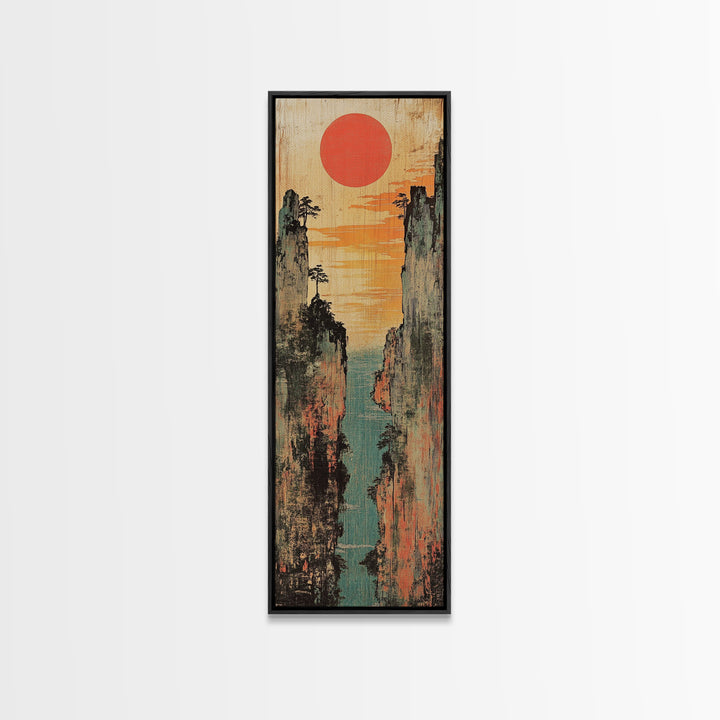 Red Sun Canyon Seascape Between Weathered Cliffs Canvas Print, Japanese Wall Art, Coastal Decor, Modern Landscape, Art Print