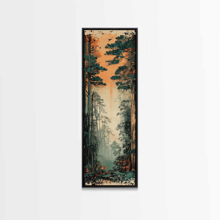 Tall Misty Pine Forest At Orange Dawn Wall Art, Nature Landscape Print, Japandi Decor, Calming Living Room Wall Decor, Home Decor