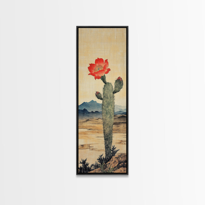 Blooming Cactus With Red Flower In Desert Landscape Framed Canvas Print, Southwestern Wall Art, Rustic Home Decor, Desert Decor