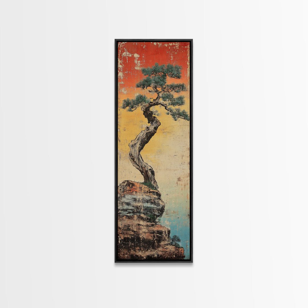 Weathered Bonsai Pine On Rocky Cliff With Red Sky Canvas Print, Japanese Wall Art, Wabi Sabi Decor, Zen Home Decor, Nature Art