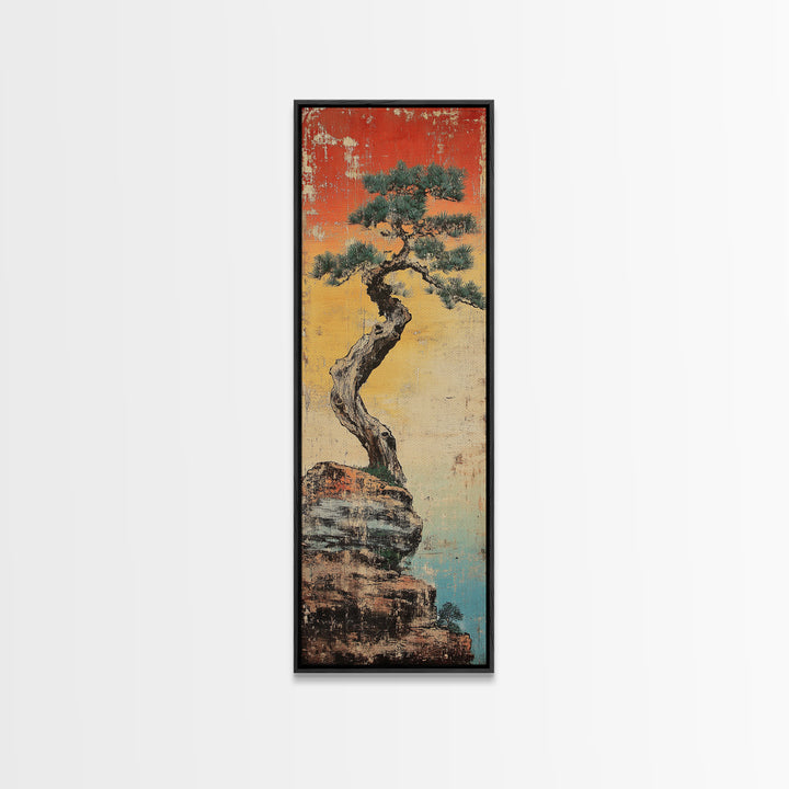 Weathered Bonsai Pine On Rocky Cliff With Red Sky Canvas Print, Japanese Wall Art, Wabi Sabi Decor, Zen Home Decor, Nature Art
