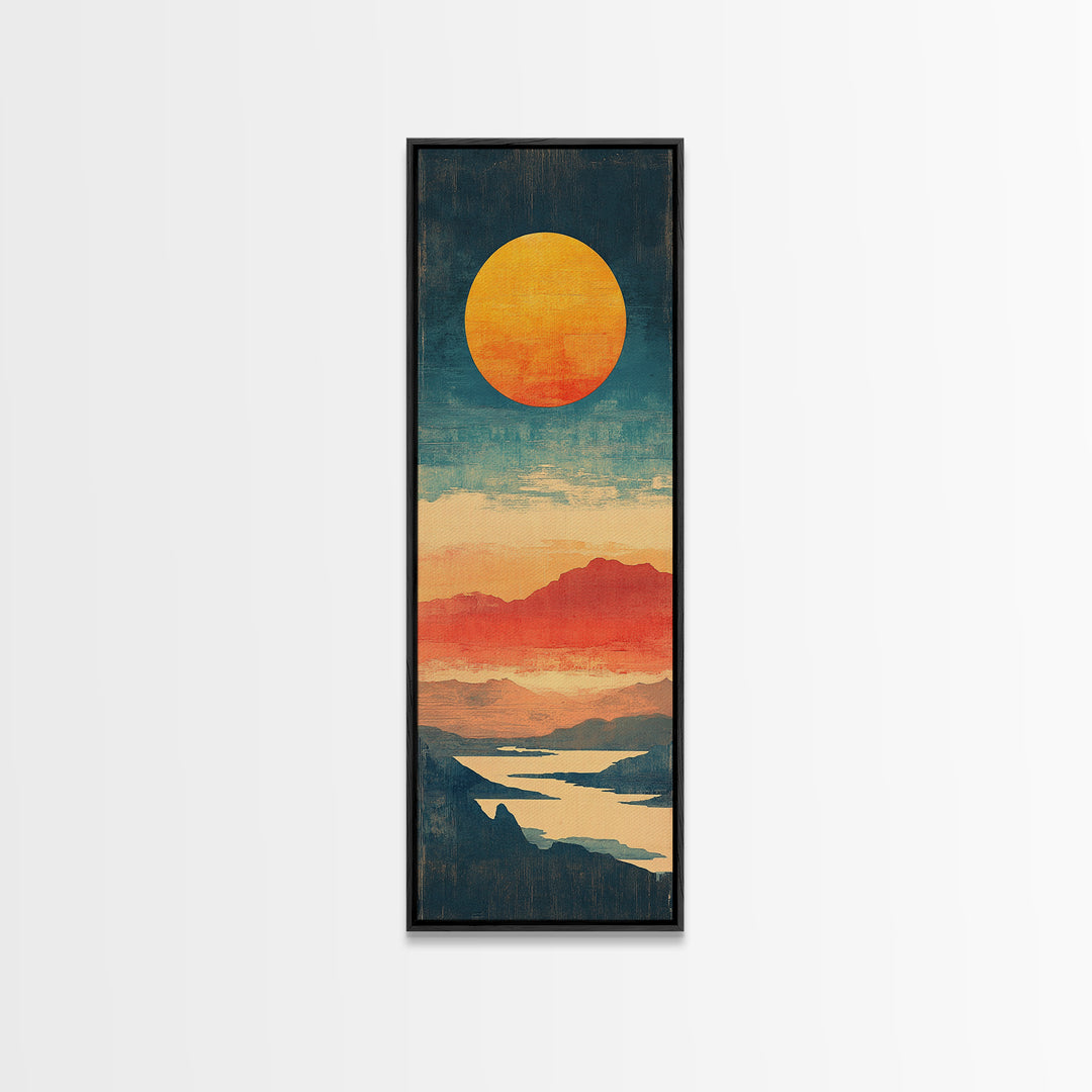 Golden Sun Over Coral Mountains And Reflective Lake Canvas Print, Abstract Landscape, Modern Wall Art, Coastal Decor, Home Decor