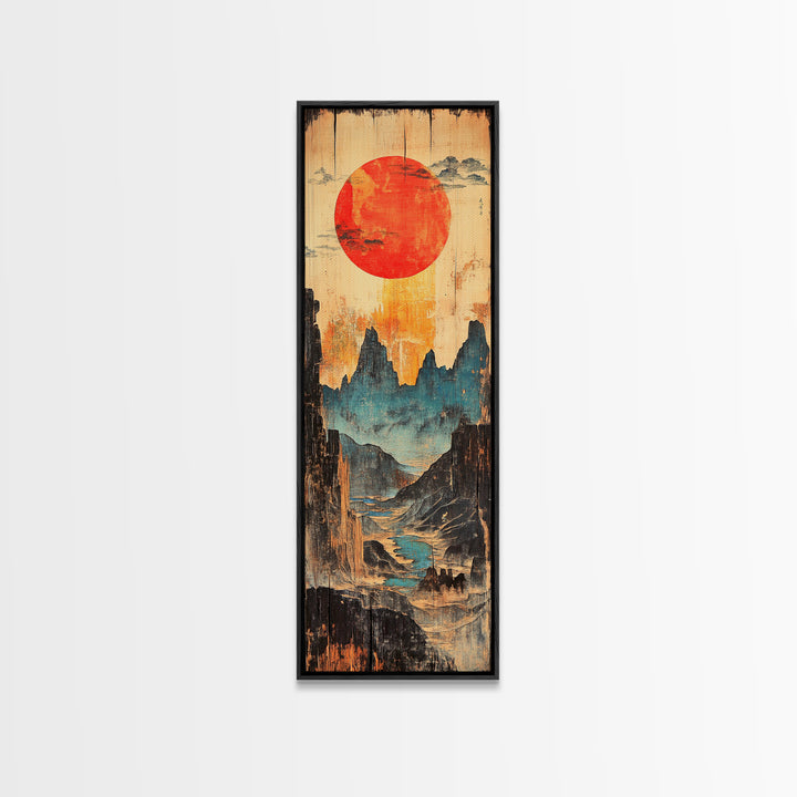 Red Sun Over Blue Mountain Valley And Winding River Wall Art, Japanese Landscape Print, Asian Decor, Statement Artwork, Home Decor