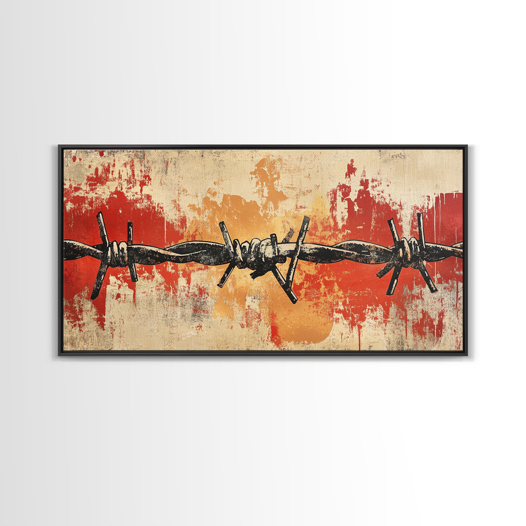 Black Barbed Wire On Red Grunge Canvas Print, Industrial Wall Decor, Edgy Abstract Art, Masculine Office Wall Art, Modern Home Decor