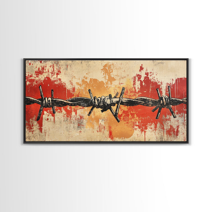 Black Barbed Wire On Red Grunge Canvas Print, Industrial Wall Decor, Edgy Abstract Art, Masculine Office Wall Art, Modern Home Decor