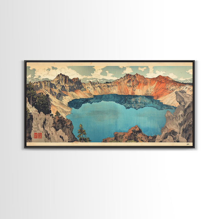 Turquoise Crater Lake And Rugged Mountain Wall Art, Japanese Landscape Print, Panoramic Canvas Art, Nature Home Decor, Large Wall Decor