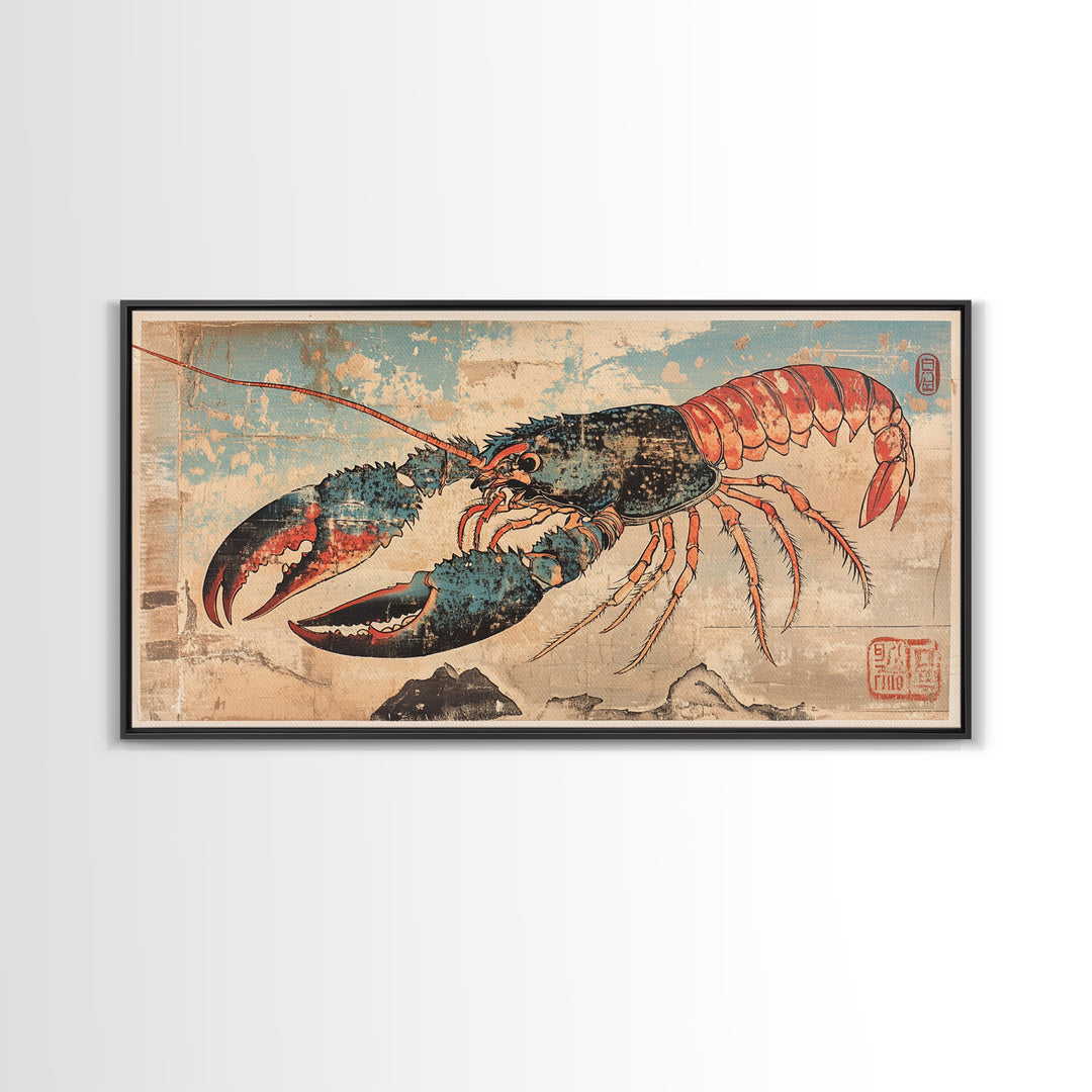 Blue And Coral Lobster With Large Claws Canvas Print, Coastal Kitchen Wall Art, Seafood Art Print, Nautical Home Decor, Beach House Decor