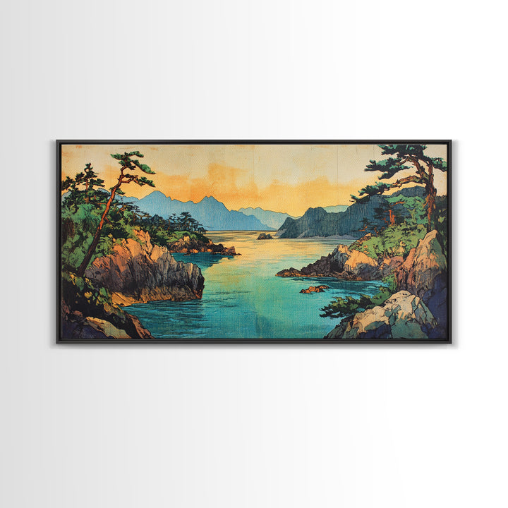 Pine Coastline With Blue Bay And Distant Mountains Wall Art, Japanese Seascape Print, Coastal Home Decor, Large Canvas Art