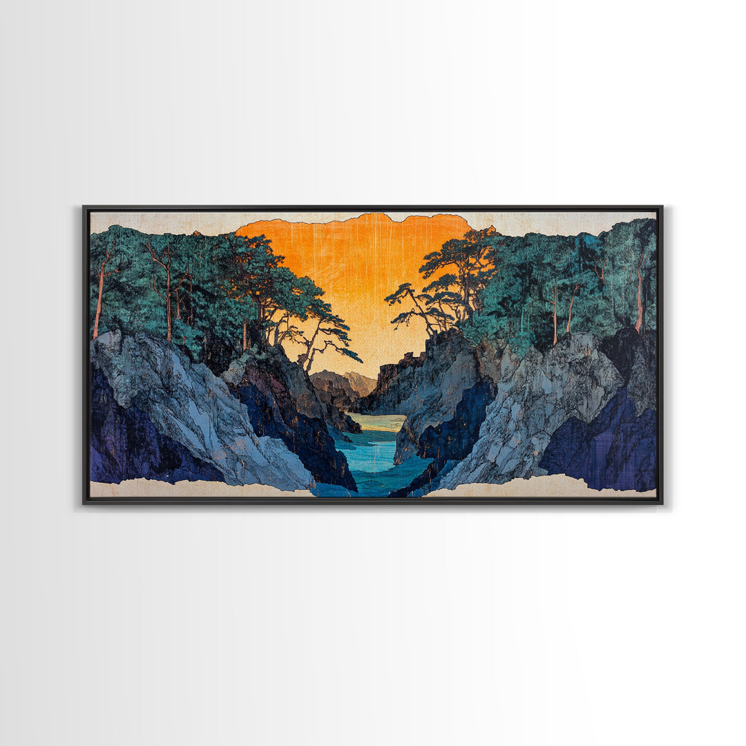 Rocky Blue Canyon River At Orange Sunset Wall Art, Japanese Landscape Print, Moody Nature Decor, Panoramic Canvas Art, Living Room Art