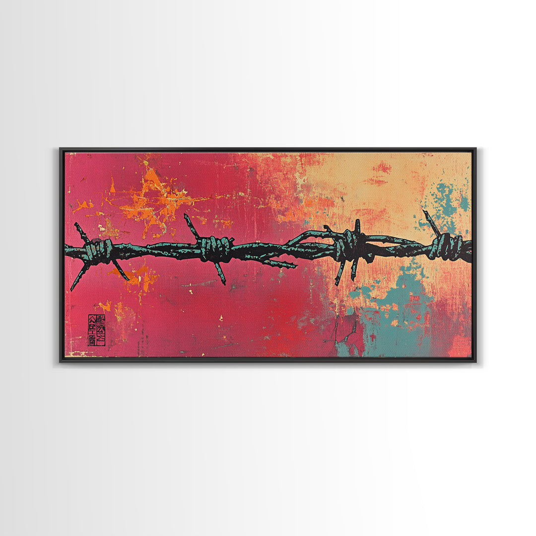 Black Barbed Wire On Coral Teal Wall Art, Urban Graffiti Print, Abstract Street Art, Edgy Modern Office Wall Decor Gift For Him
