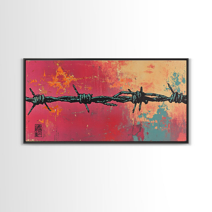 Black Barbed Wire On Coral Teal Wall Art, Urban Graffiti Print, Abstract Street Art, Edgy Modern Office Wall Decor Gift For Him