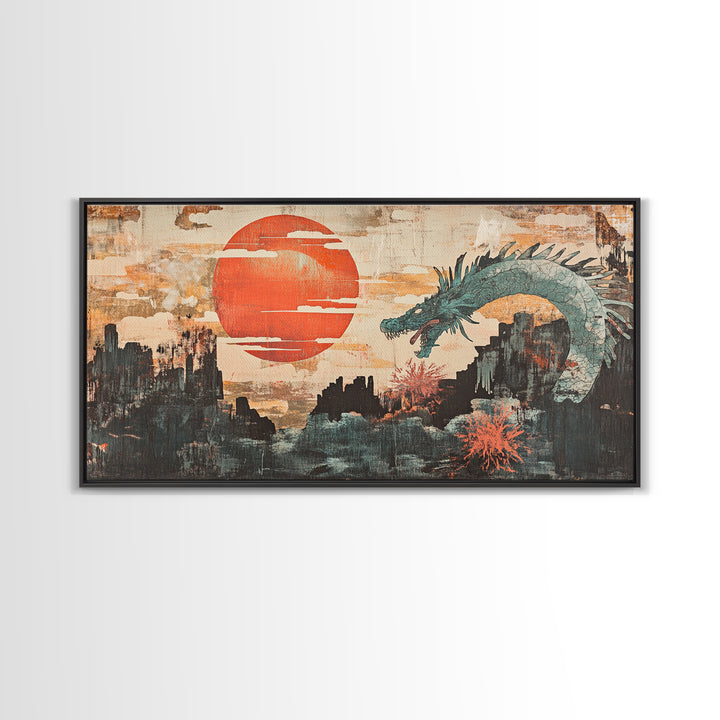 Teal Dragon Over Red Sun Mountains Framed Canvas Print, Asian Fantasy Wall Art, Japanese Decor, Dramatic Living Room Art