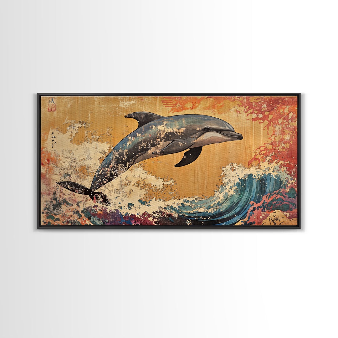 Dolphin Leaping Over Ukiyo E Wave Canvas Print, Japanese Ocean Wall Art, Coastal Nursery Decor, Sea Life Home Decor, Gift For Her
