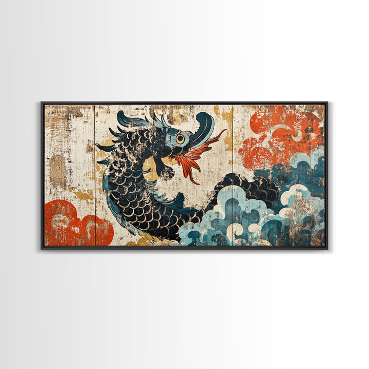 Ukiyo E Sea Dragon With Clouds Framed Canvas Print, Japanese Wall Art, Fantasy Decor, Asian Inspired Living Room Art, Statement Artwork