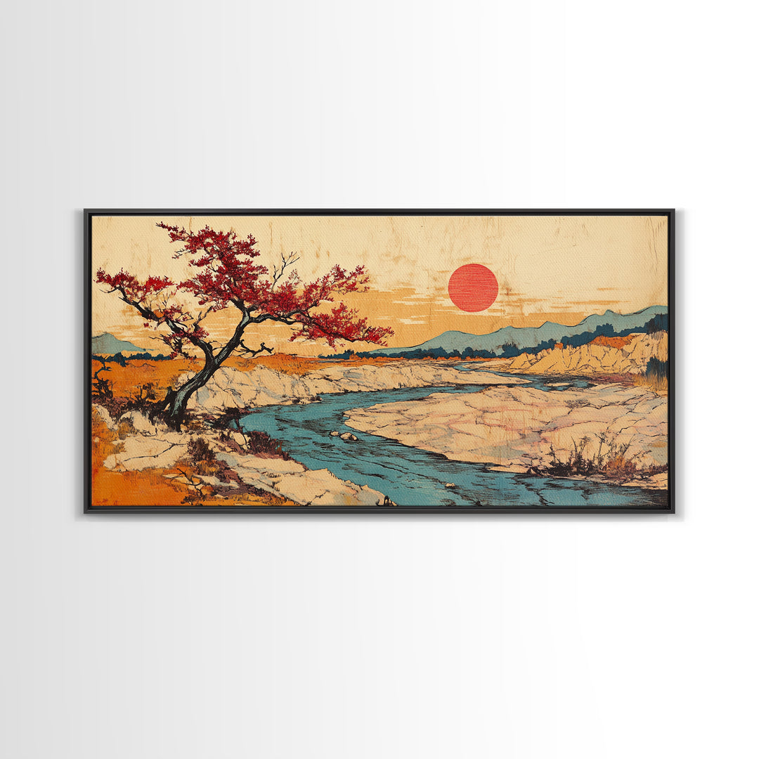 Cherry Tree Desert River Sunset Framed Canvas Print, Japanese Landscape Wall Art, Mountain Wall Decor, Rustic Home Decor