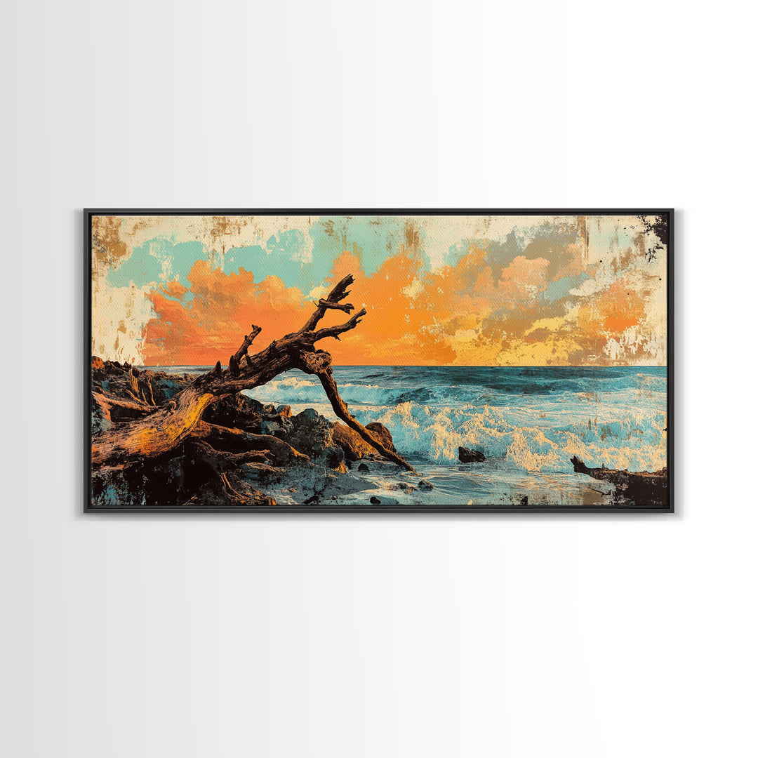 Driftwood Ocean Sunset Seascape Framed Canvas Print, Coastal Wall Art, Beach House Decor, Nautical Living Room Decor, Gift For Her