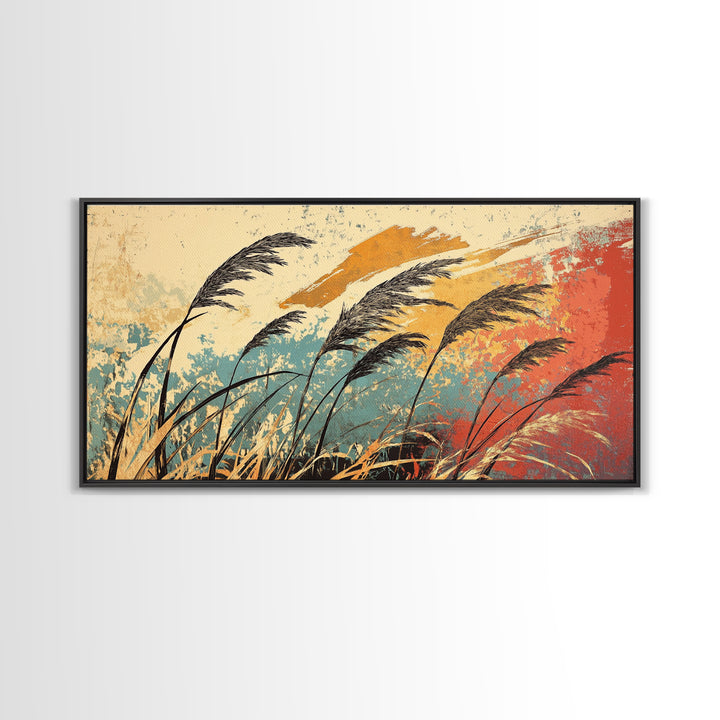 Windblown Reeds In Teal And Rust Wall Art, Japanese Inspired Abstract Landscape, Boho Living Room Decor, Large Canvas Print