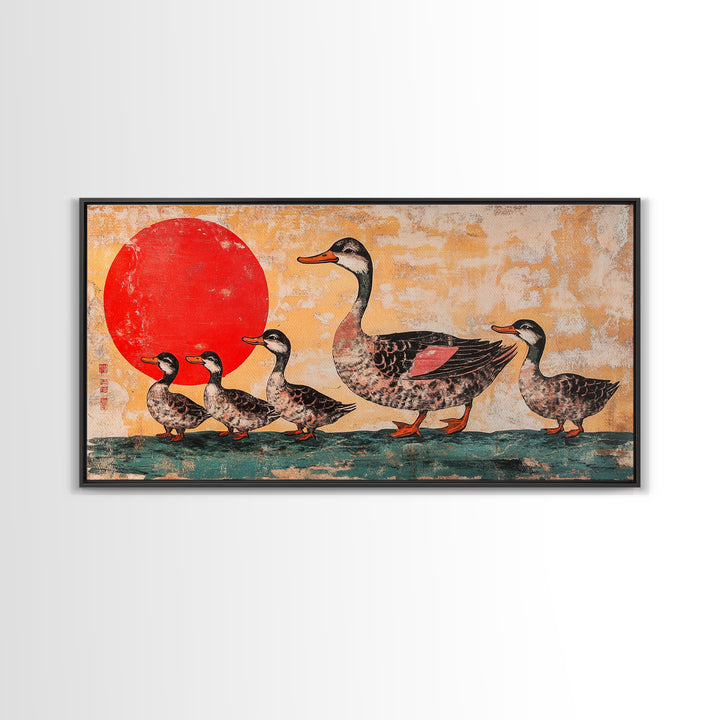 Mallard Duck Family With Red Sun Wall Art, Japanese Bird Art Print, Whimsical Animal Decor, Nursery Or Kitchen Canvas Print