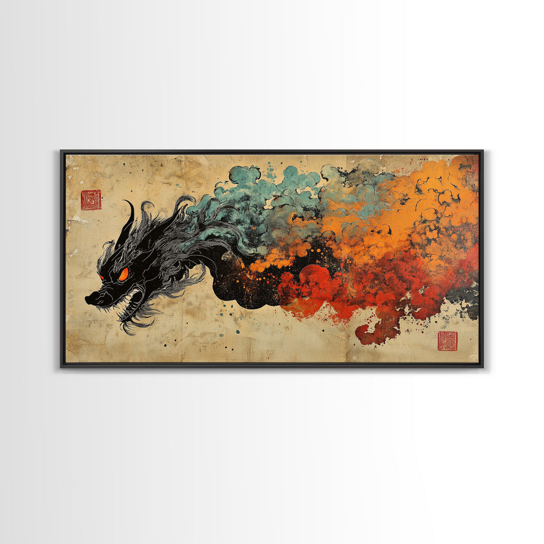 Black Dragon With Fiery Smoke Wall Art, Japanese Fantasy Art Print, Dark Mythical Decor, Dramatic Gaming Room Canvas Print