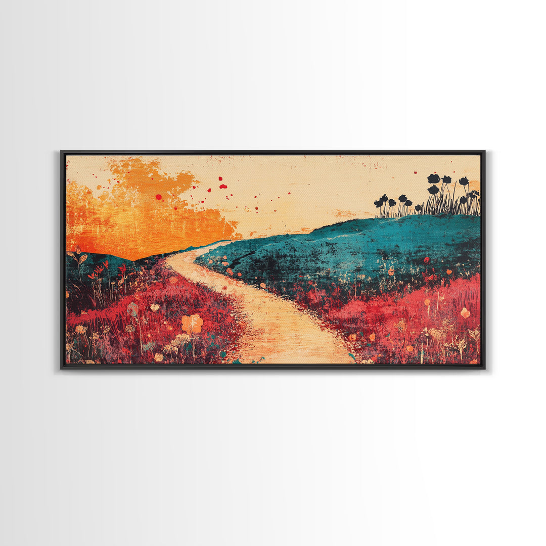 Sunlit Path Through Teal Hills Wall Art, Abstract Landscape Print, Colorful Wildflower Decor, Boho Living Room Canvas Print