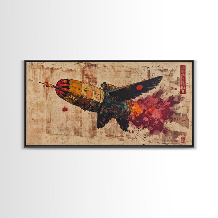 Retro Rocket Bird In Flight Wall Art, Japanese Sci Fi Art Print, Cyberpunk Bird Poster Decor, Futuristic Canvas Print