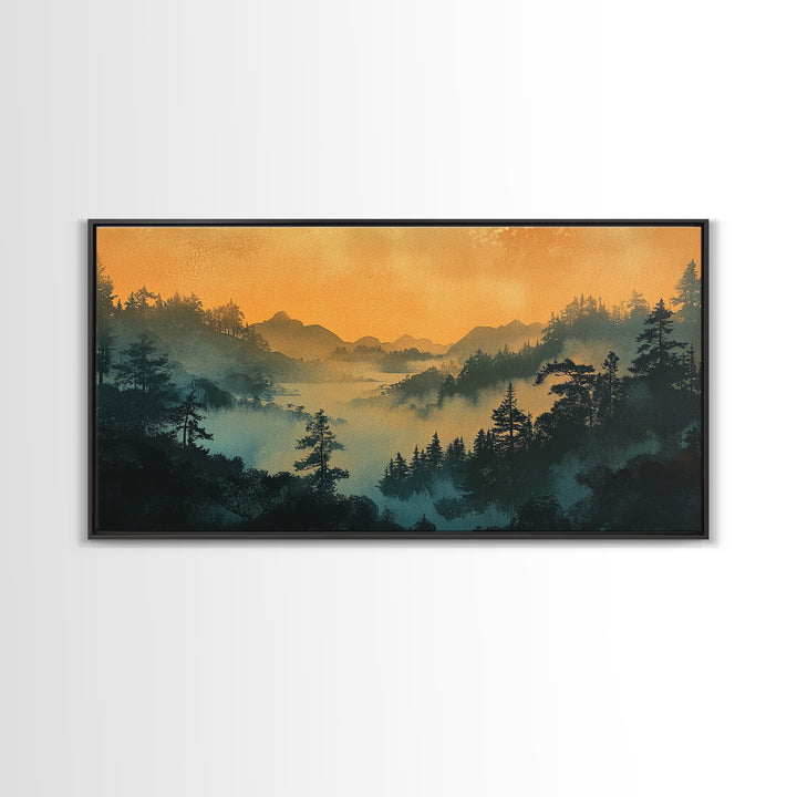 Misty Mountain Forest At Sunrise Wall Art, Japanese Landscape Print, Moody Nature Decor, Serene Bedroom Framed Canvas Print