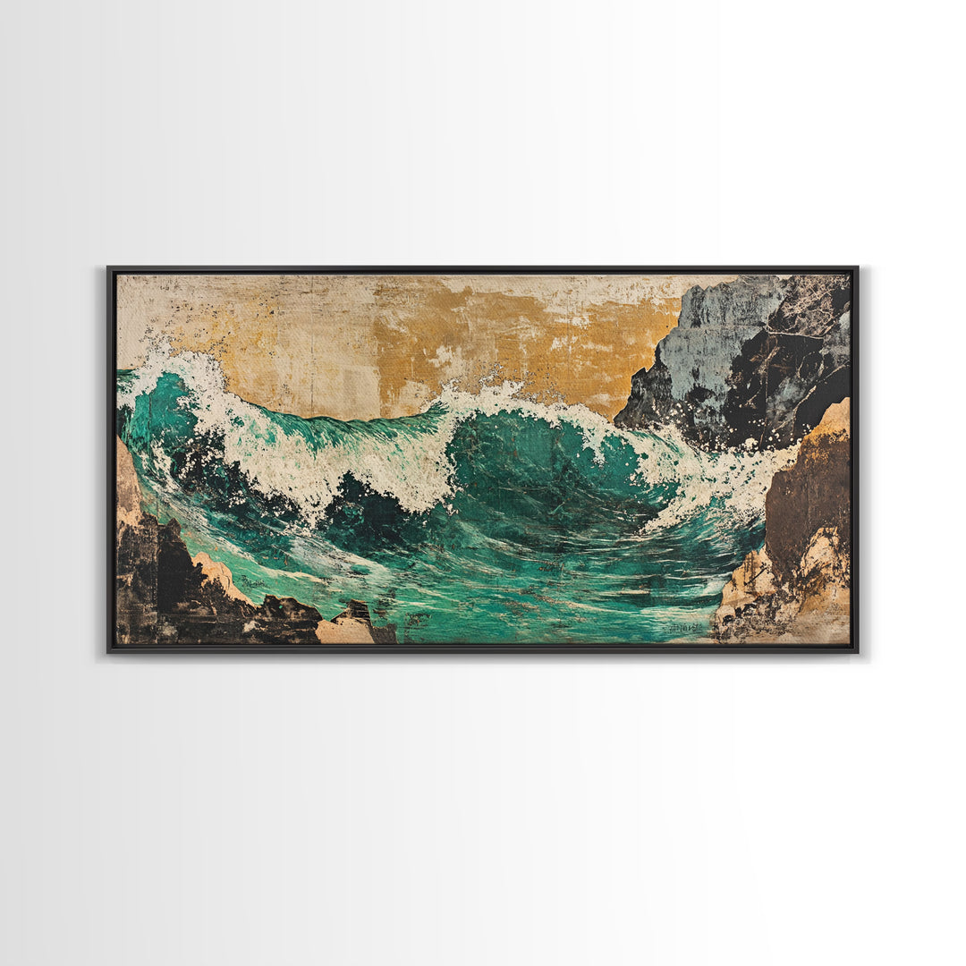 Turquoise Ocean Wave Between Cliffs Wall Art, Japanese Seascape Print, Coastal Beach House Decor, Large Framed Canvas Print