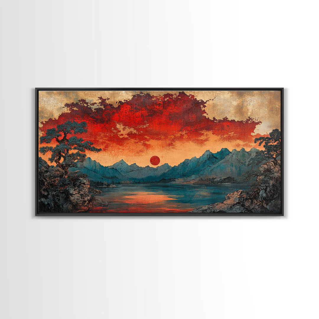 Red Sun Mountain Lake Wall Art, Japanese Landscape Print, Moody Sunset Canvas, Asian Inspired Living Room Home Decor