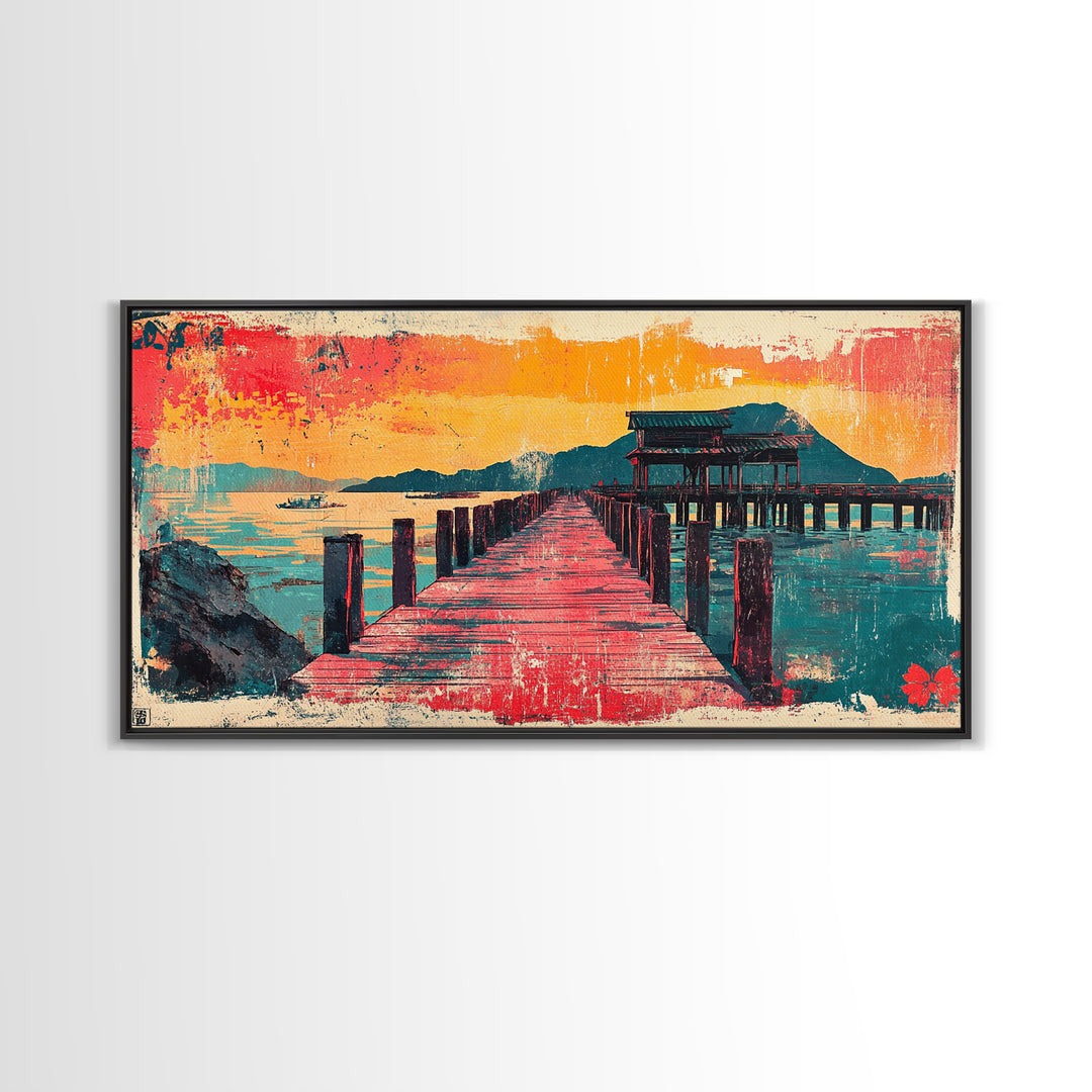Red Pier Sunset Wall Art, Japanese Coastal Landscape Print, Teal Ocean Canvas, Asian Inspired Home Decor For Living Room