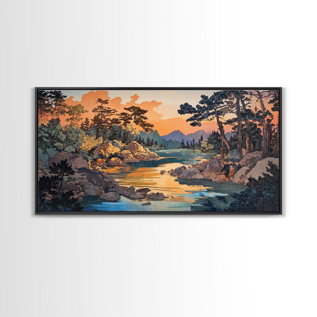 Golden River Forest Wall Art, Japanese Landscape Print, Pine Woodland Canvas, Nature Inspired Living Room Home Decor Gift