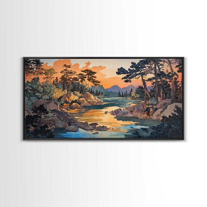 Golden River Forest Wall Art, Japanese Landscape Print, Pine Woodland Canvas, Nature Inspired Living Room Home Decor Gift