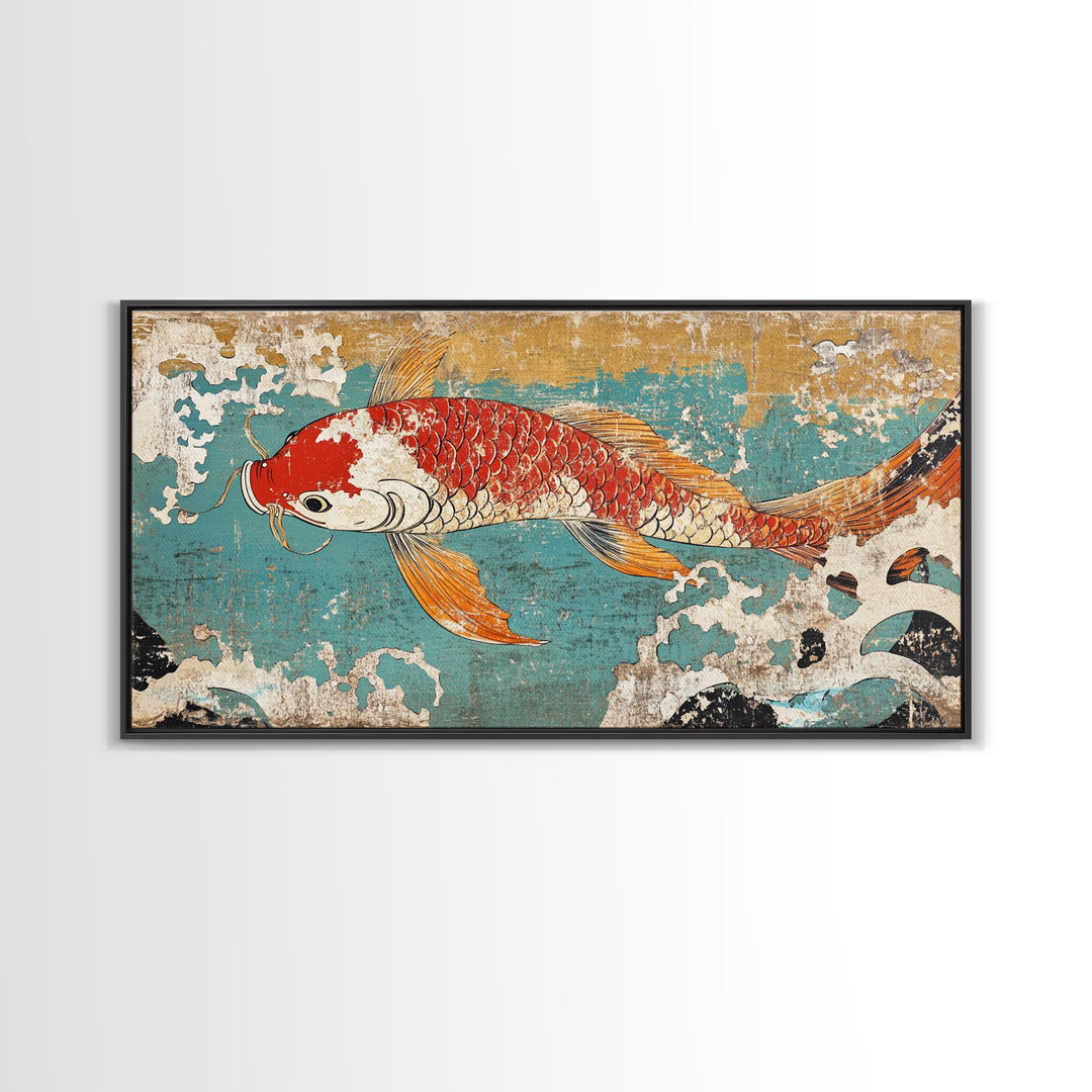 Red Koi Fish In Turquoise Waves Canvas Print, Japanese Wall Art, Coastal Decor, Nautical Home Decor, Large Living Room Art