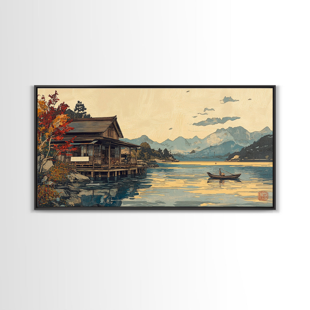 Japanese Lakeside Cabin With Boat Framed Canvas Print, Mountain Landscape Wall Art, Japandi Decor, Serene Living Room Decor