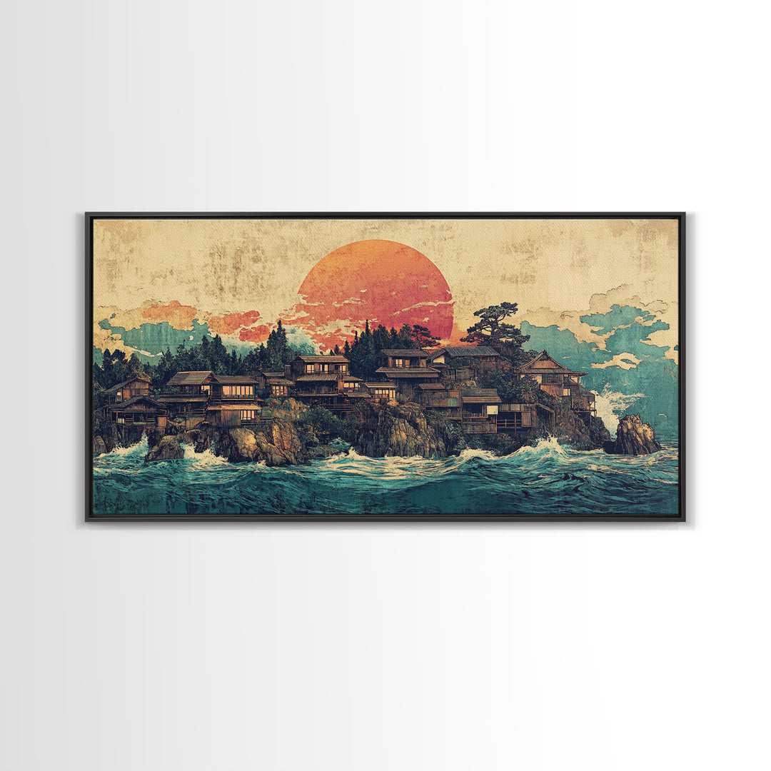 Japanese Coastal Village At Sunset Canvas Print, Ocean Wall Art, Seascape Decor, Japandi Living Room Wall Decor Gift