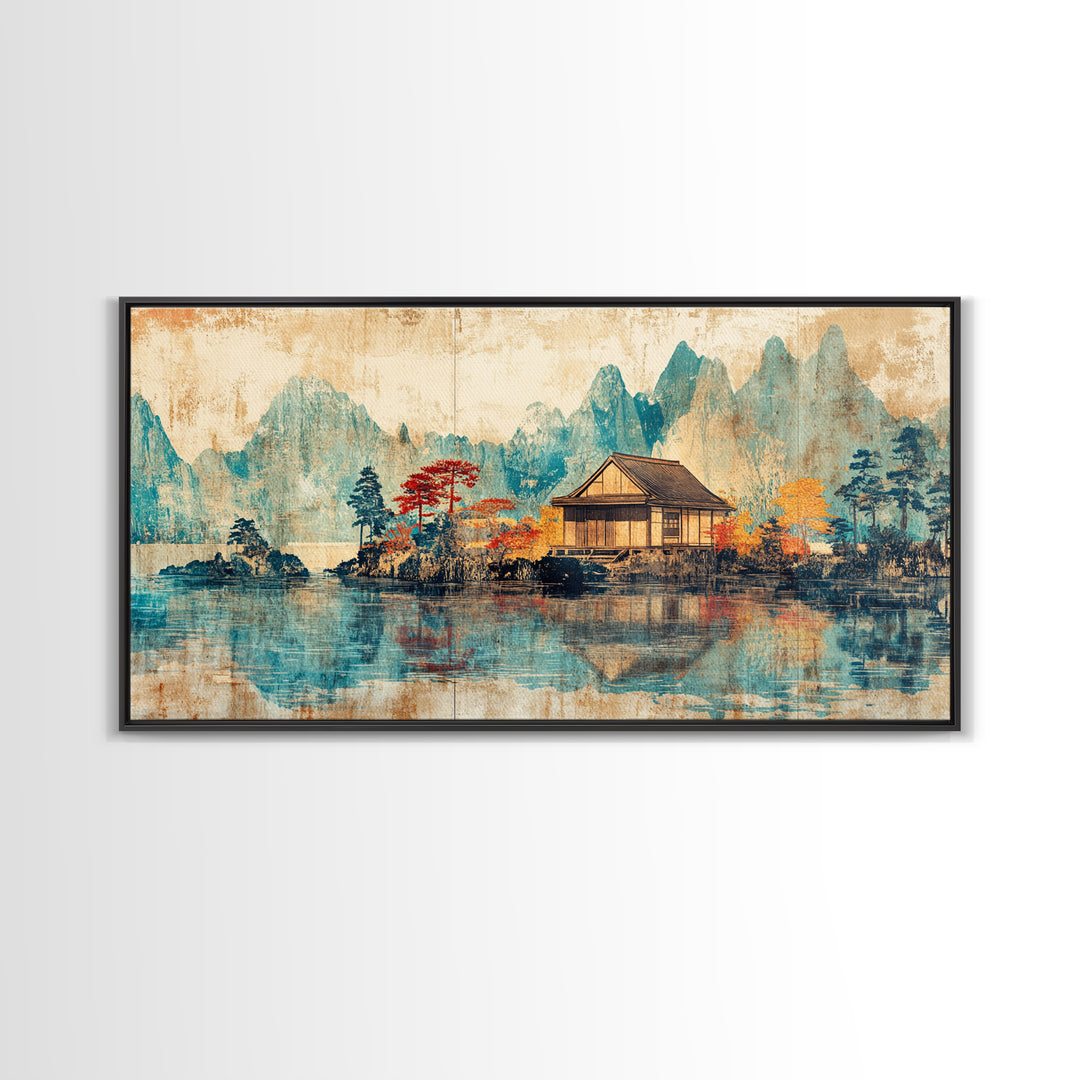 Quiet Lake House With Misty Mountains Framed Canvas Print, Japanese Landscape Wall Art, Japandi Decor, Serene Home Decor