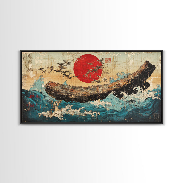 Driftwood Log In Blue Ocean Waves Canvas Print, Japanese Nautical Wall Art, Rustic Coastal Decor, Modern Seascape Art Print