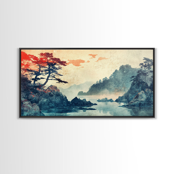 Misty Japanese Cove With Pines Canvas Print, Mountain Lake Landscape Wall Art, Serene Japandi Decor, Large Living Room Art